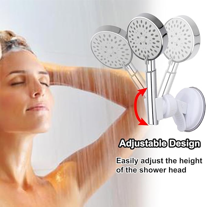 Adjustable Shower Head Holder, Wall Mount, ABS Plastic, Silver/White, 2.7 Inch Suction Cup, 360 Swivel, Easy Install, Strong Adsorption, Fits Most Shower Heads, Suitable for Smooth Surfaces