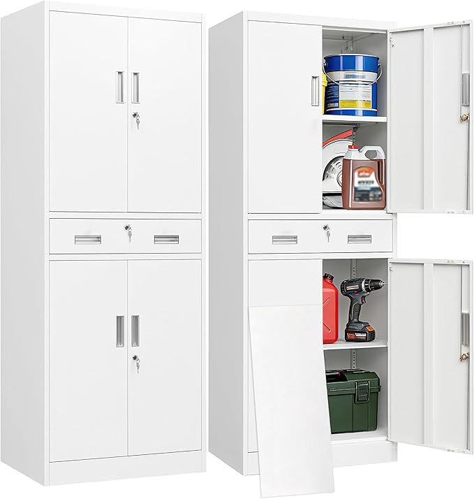BESFUR Metal Garage Storage Cabinet with a Drawer Locking Doors and 2 Adjustable Shelves, White Tall Storage Cabinets, Tool File Lockable Cabinet for Garage Office Warehouse Shop(71”H)