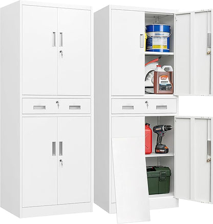 BESFUR Metal Garage Storage Cabinet with a Drawer Locking Doors and 2 Adjustable Shelves, White Tall Storage Cabinets, Tool File Lockable Cabinet for Garage Office Warehouse Shop(71”H)