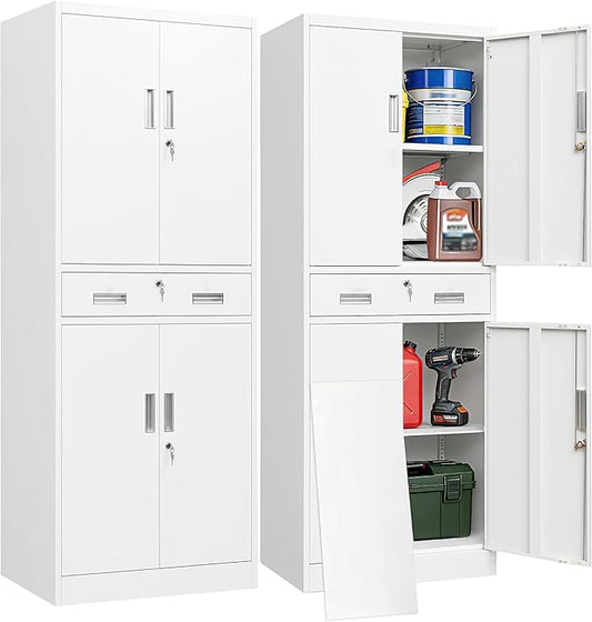 BESFUR Metal Garage Storage Cabinet with a Drawer Locking Doors and 2 Adjustable Shelves, White Tall Storage Cabinets, Tool File Lockable Cabinet for Garage Office Warehouse Shop(71”H)