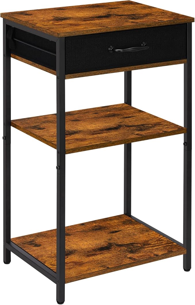BTY Printer Stand with Storage 3 Tier Home Printer Table with Drawers Multifunctional Under Desk Printer Shelf Holder Industrial End Table Nightstand for Fax Machine Scanner Files Brown