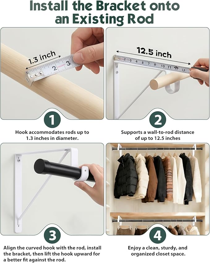 2 Pack Closet Rod Bracket, Heavy Duty Closet Rod Support with Rod Holder, Wall Mounted Closet Shelf Brackets with Triangle Stabilizing Design for Closet, Bathroom and Kitchen, Black
