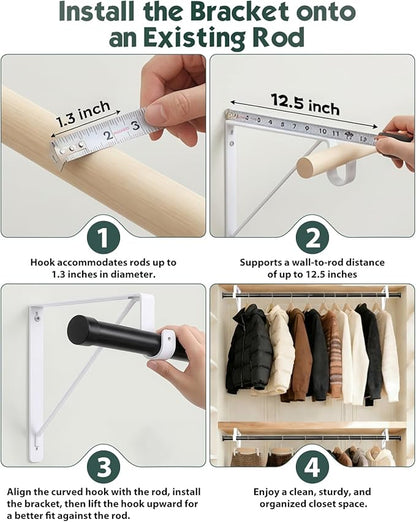 4 Pack Closet Rod Bracket, Heavy Duty Closet Rod Support with Rod Holder, Wall Mounted Closet Shelf Brackets with Triangle Stabilizing Design for Closet, Bathroom and Kitchen, Black
