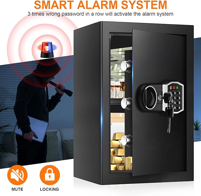 3.4 Cub Large Safes for Home, Security Fire Safe Box with Spare Keys, Alarm System, Digital Keypad and Removable Shelf, Anti-Theft Fireproof and Waterproof Safe Home for Document Medicine Valuables