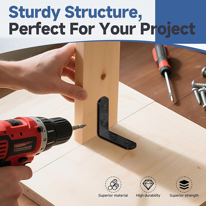 20PCS Black L Brackets, Stainless Steel Corner Brace for Wood & Metal, L Bracket Corner Brace with 80 Screws, Right Angle Bracket for Furniture Cabinet Drawer Shelves Chair (1.57 x 1.57 in)