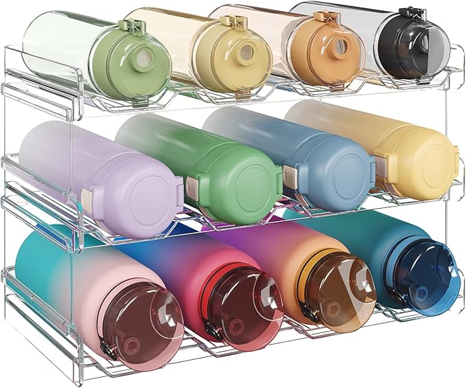 Lifewit Stackable Water Bottle Organizer for Cabinet, Plastic Bottle Holder Fits Bottles/Tumblers up to 3.8" Diameter for Pantry/Countertop, 3 Tier Holds14 Bottles 41 x 20 x 24 cm/16 x 8 x 9.5"