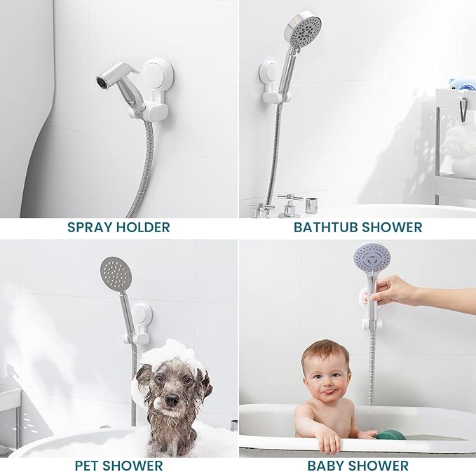 TAILI Shower Head Holder Suction Cup, Handheld Shower Head Bracket, Height Angle Adjustable,Bathroom Showerhead Holder No Drilling Removable Waterproof, White