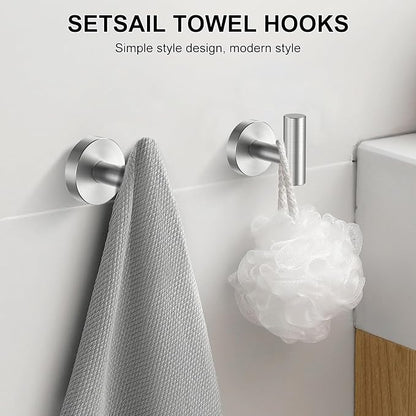 SetSail Towel Hooks for Bathrooms Screw-in 4 Packs Brushed Nickel Bathroom Towel Hook Wall Mounted Stainless Steel Shower Towel Hooks for Coat Hanging, Drill Hole