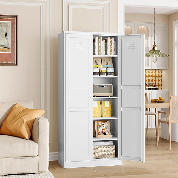 MIIIKO Metal Pantry Cabinet, Utility Storage Cabinets with 2 Doors and 5 Shelves, Versatile Freestanding Tall Cupboard for Kitchen, Bedroom, Laundry Room and Office, 71" H x 15.7" D x 31.5" W