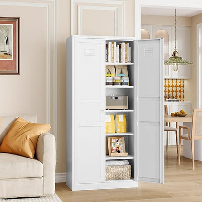 MIIIKO Metal Pantry Cabinet, Utility Storage Cabinets with 2 Doors and 5 Shelves, Versatile Freestanding Tall Cupboard for Kitchen, Bedroom, Laundry Room and Office, 71" H x 15.7" D x 31.5" W