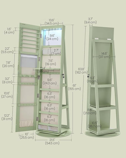 SONGMICS 6 LEDs Lockable Mirror Jewelry Cabinet, 360° Swivel Jewelry Organizer Armoire Standing, Frameless Full-Length Mirror, 3 Storage Shelves, Laurel Green Surface, Cream White Lining UJJC007C01