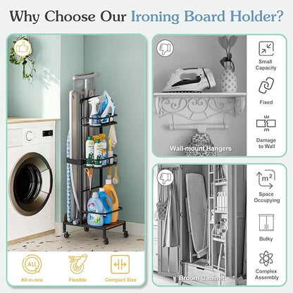 Ironing Board Hanger,Iron and Ironing Board Holder No Wall Mount,Laundry Room Organization and Storage Cart with Iron Stand,Narrow Laundry Shelves Organizer Cabinet,Laundry Room Essentials Accessories