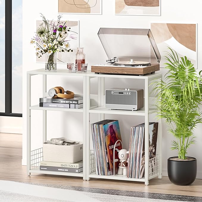 LELELINKY Large White Record Player Stand, 3 Tier 18" Wide Big End Table with Vinyl Storage Up to 130 Albums, Industrial Turntable Printer Tables, Modern Side Tables for Living Room, Bedroom, Office