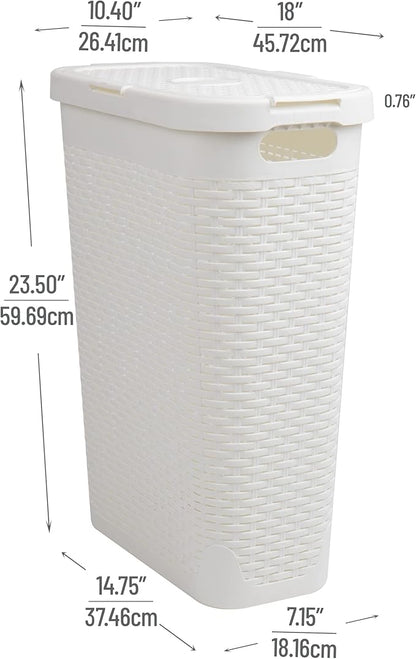 Mind Reader Slim Laundry Hamper with Lid, 40L Clothes Basket, Premium Wicker Design, Plastic, White