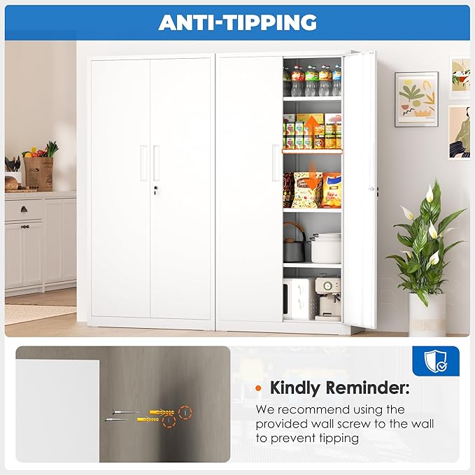 INTERGRAET 63" H Pantry Cabinet, Kitchen Pantry Storage Cabinets with 2 Doors and 4 Shelves,White Metal Storage Cabinet,Cupboard for Home,Kitchen,Living Room/Dining