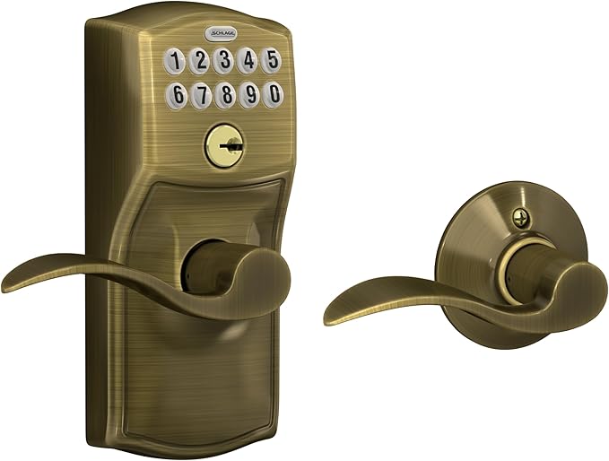 SCHLAGE FE575 CAM 609 ACC Camelot Keypad Entry with Auto-Lock and Accent Levers, Antique Brass