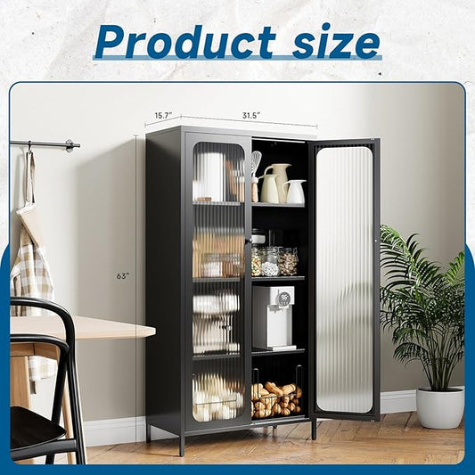 63'' Kitchen Pantry Storage Cabinet, Display Cabinet with Glass Doors and 3 Adjustable Shelves, Metal Kitchen Hutch Storage Cabinet for Dining Room, Living Room (Black)
