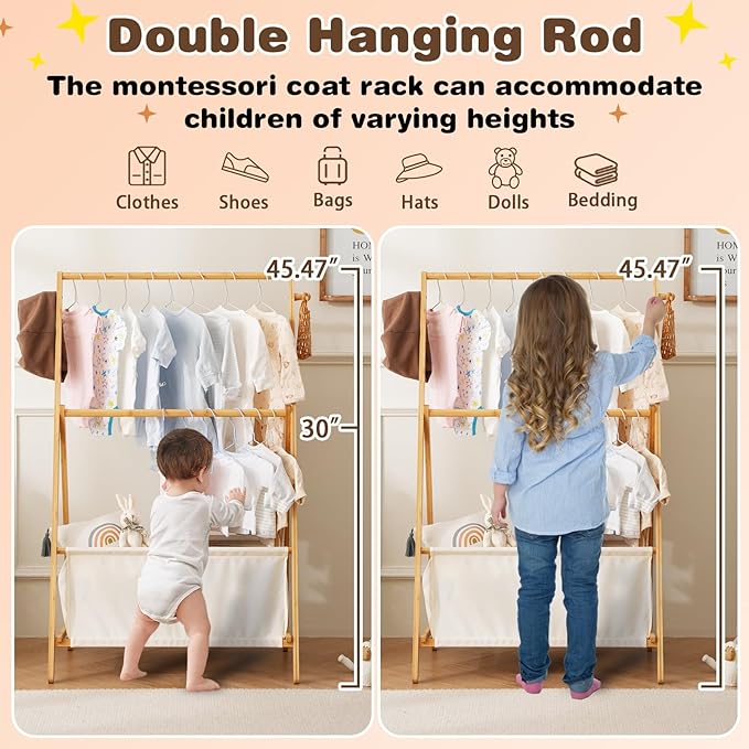 Kids Clothing Rrack- Kids Dress Up Rack for Little Girls, Bamboo Kids Clothes Rack-Feat FSC-Certified wood, Toddler Dress Up Storage Rack & Folding Costume Rack, Pets Clothes Rack, Natural