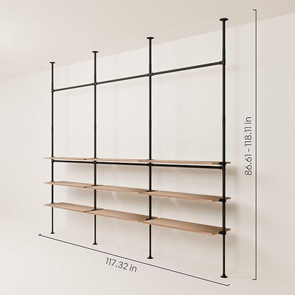 pamo Industrial Pipe Clothing Rack with Shelf - 550 lbs Capacity - Clamping Clothes Rack and Walk In Closet with Oak Shelf for Wardrobe