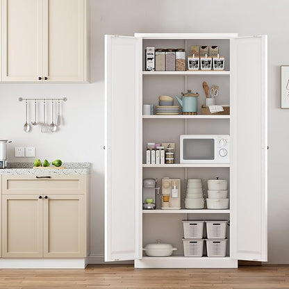 Greenvelly Metal Cabinet, 63" H White Metal Storage Cabinet with Doors and 4 Shelves, Pantry Storage Cabinet for Kitchen, Bedroom, Living Room, Office (Modern)