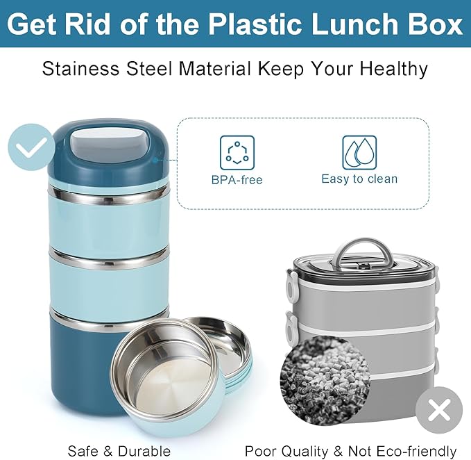 Lille Home 3-Layer Stainless Steel Lunch Box 1.43L- Leakproof, BPA-Free Insulated Bento Box for On-the-Go Meal Prep, Stackable Food Container for Women & Men