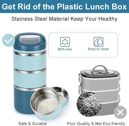 Lille Home 3-Layer Stainless Steel Lunch Box 1.43L- Leakproof, BPA-Free Insulated Bento Box for On-the-Go Meal Prep, Stackable Food Container for Women & Men