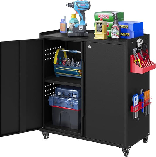 Heavy Duty Steel Metal Storage Cabinet with Wheels, Locking Doors and Adjustable Shelves - Black, Ideal for Garage, Warehouse, Office, School, Home