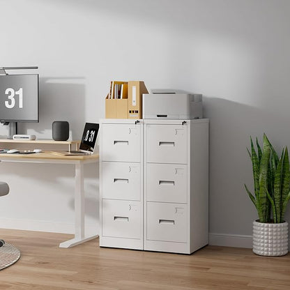 3 Drawer File Cabinet with Lock, Vertical Filing Cabinets for Home Office, Heavy Duty File Cabinet, Metal Storage Cabinets for Letter/Legal/A4/F4 Size Assembly Required, White