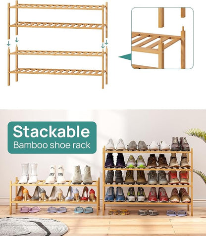 2-Tier Long Shoe Rack for Entryway, Black Bamboo Wood Shoe Rack for Closet & Hallway, Long 33IN | Beautiful | Functional | Sturdy | Durable