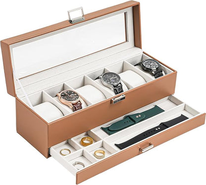 ProCase Watch Box, 6 Slot Watches Display Case with Drawer, Mens Watch Case with Glass Lid, 2-Layer Mens Jewelry Organizer Storage Holder, Birthday Valentine Gifts for Men -6 Slot, Khaki