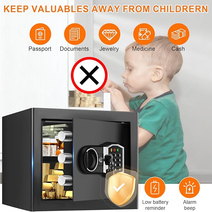 1.3 Cub Small Fireproof Safe for Home, Security Anti-Theft Fire Proof Safe Box with Spare Keys, Programmable Keypad and Alarm System, Digital Fireproof and Waterproof Safes for Document Money Medicine