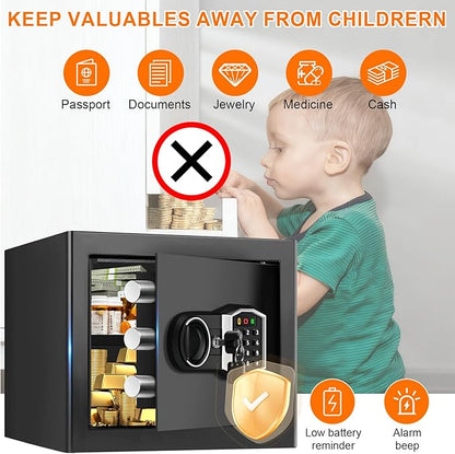 1.3 Cub Small Fireproof Safe for Home, Security Anti-Theft Fire Proof Safe Box with Spare Keys, Programmable Keypad and Alarm System, Digital Fireproof and Waterproof Safes for Document Money Medicine