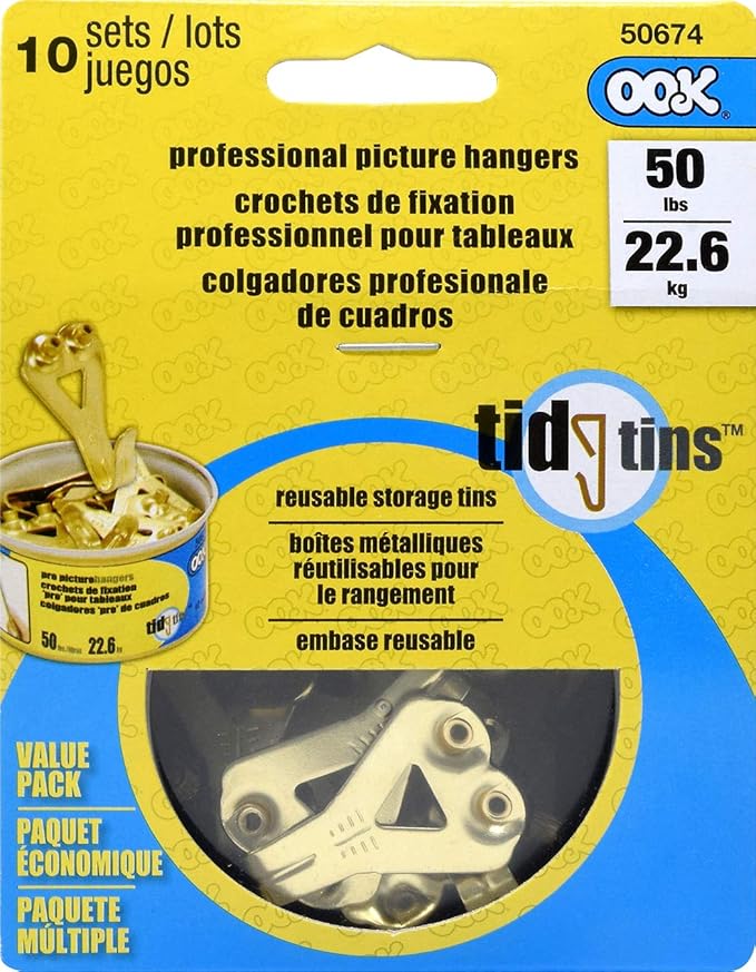 OOK 50674 Professional Picture Hangers, Reusable Art Hooks, Padded, Brass, 50lbs (10 Set) Gold