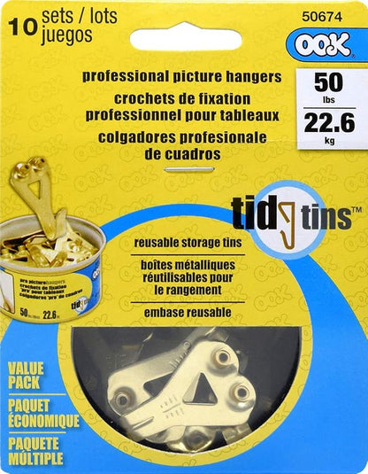 OOK 50674 Professional Picture Hangers, Reusable Art Hooks, Padded, Brass, 50lbs (10 Set) Gold