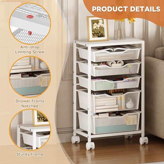 Rolling Storage Cart with 5 Drawers, Metal Utility Cart with Lockable Wheels, Craft Storage Art Cart, Rolling Drawer Cart for Living Room, Bedroom, Bathroom, Office, Home, White