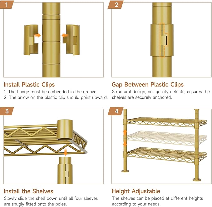 P3 Industrial Pipe Closet System, Wall Mounted Garment Racks with 4 Telescopic Rods & 6 Mesh Shelves, Heavy Duty Clothing Clothes Rack for Walk-in Closets (Gold)