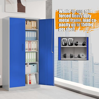 STANI Metal Garage Storage Cabinet with Lock, 71" Steel Lockable File Cabinet, Locking Steel Storage Cabinet with 5 Adjustable Shelves for Home, Office, Garage, Warehouse (Blue Grey, 2 Door - 71" H)