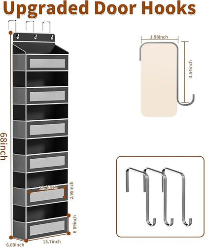 Over The Door Organizer with 6 Large Pockets, Over the Door Storage 12 Side Pockets, Hanging Door Organzier 44 lb Load Behind Door Storage Hanging Shelf for Closet Wall Bathroom Nursery, 6-Tier Black