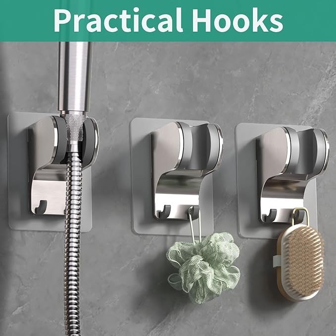 Hand Held Shower Head Holder Wall Mount, Shower Hose Holder Adhesive with 2 Hanger Hooks, Adjustable Shower Handle Holder, No Drilling Shower Wand Holder (Brushed Nickel, 1 Pack)
