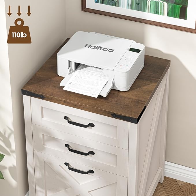 3 Drawer Small File Cabinet, Farmhouse Vertical Filing Cabinet Fits Letter and A4 Size, Under Desk Wooden File Cabinets for Home Office, Printer Stand, Rustic White