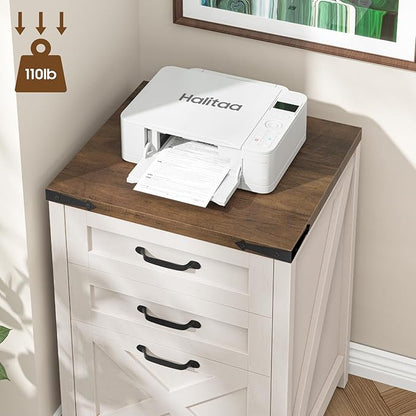 3 Drawer Small File Cabinet, Farmhouse Vertical Filing Cabinet Fits Letter and A4 Size, Under Desk Wooden File Cabinets for Home Office, Printer Stand, Rustic White