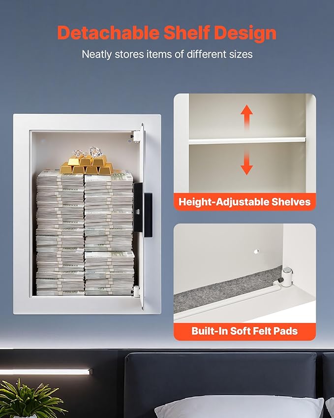 VEVOR 22" High Wall Safe, 3-Tier Hidden Wall Safe with Password, Key & Turning Knob, Q235 Cold-Rolled Steel In-Wall Box with Adjustable Shelves & Mounting Holes for Money, Jewelry, Passport, White