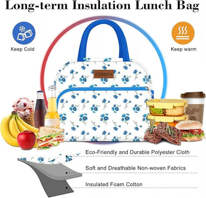 Coobiiya Lunch Bag Women, Lunch Box for Women Adult Men, Small Lunch Bag Leak-proof Cute Lunch Tote Large Capacity Reusable Insulated Cooler for Work/Office/Picnic/Travel-Blue Daisy