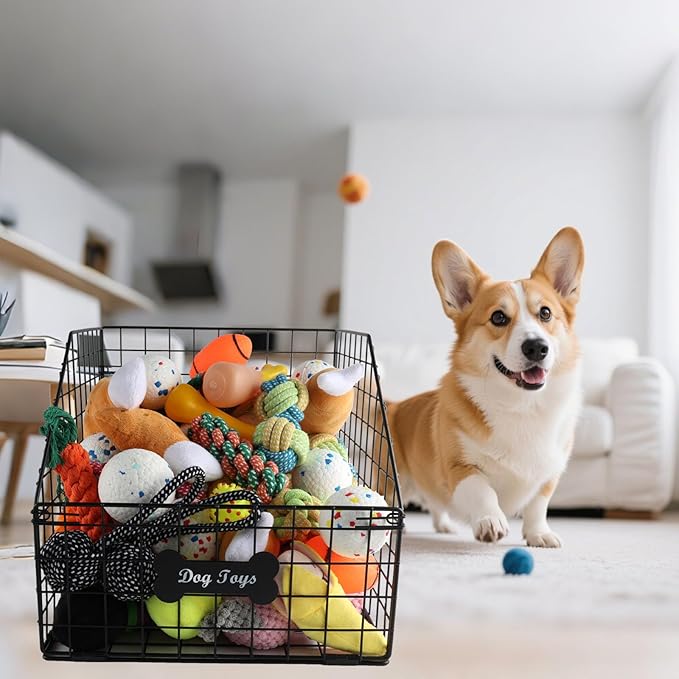 Large Dog Toy Basket,Pet Storage Box Toys Bin Metal Organizer Container Dogs Wire Rack Baskets Food Bins for Living Room Boxes Outdoor Plastic Supplies Organizers Puppy Cat Black Cabinet Chest.