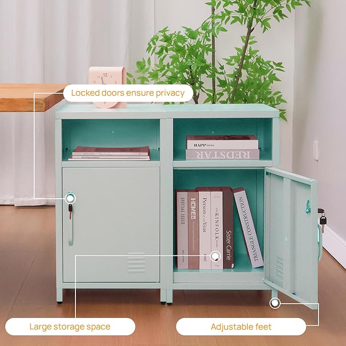 ALBAD Compact Metal Nightstand with Lockable Cabinet and Open Shelf, Modern Bedside Table, Versatile Side Table for Bedroom, Living Room, or Office (Light Green, 26" H-Lockable Door)