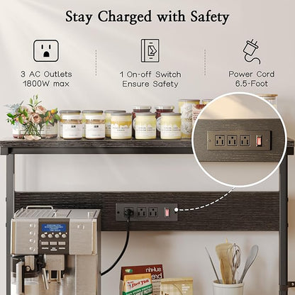 SUPERJARE Bakers Rack with Power Outlets, Microwave Stand, 31.5 X 16.5 Inch Larger Desktop, Kitchen Storage Rack with Adjustable Middle Shelf, 6 S-Shaped Hooks, Coffee Bar Stand, Black
