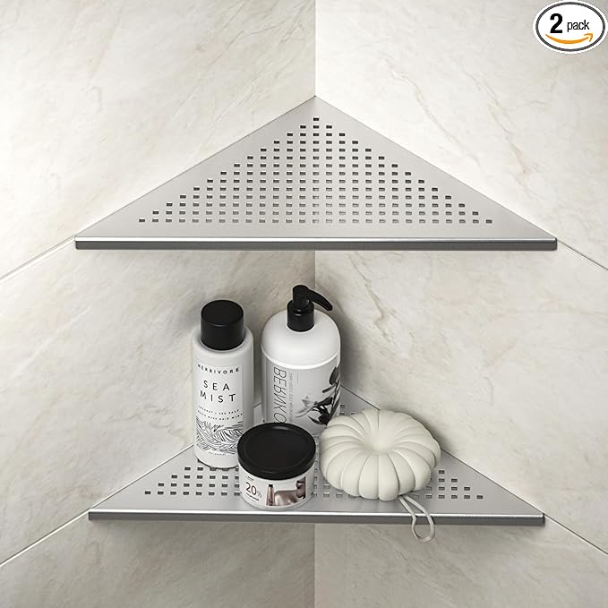 Corner Shower Shelves, 12" Brushed 304 Stainless Steel Recessed Shelf for Bathroom, Grout in Shelf for Tiled Wall, 2 Pack Large Size