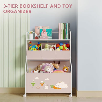 BBLIKE Toy Storage Organizer with Wheels - 3-Tier Kids Large Toy Box, Toy Chest Storage for Boys Girls Toddlers, Kids Bookshelf with 3 Fabric Toy Boxes for Playroom, Pink