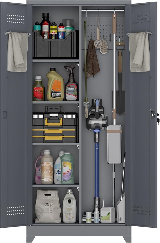 Lockable Storage Cabinet,Metal Garage Storage Cabinets with Doors,Steel Utility Closet Cabinet with Adjustable Shelves,Locking Cabinet for Home,Garage,Gray