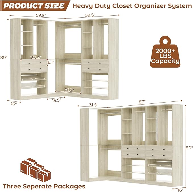 Closet System with 4 Drawers and Hanging Rods, 59.5"L / 87"L Closet Organizer System with Corner Tower, L Shaped Walk-in Closet System, Corner Closet System with Shelves, Set of 3, Greige Oak